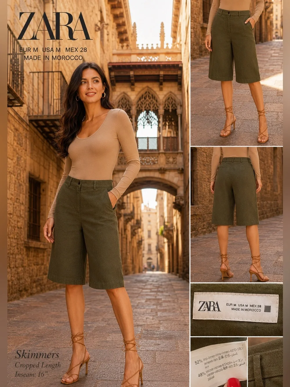 Zara Olive Linen Blend Wide Leg Capri Pants Medium